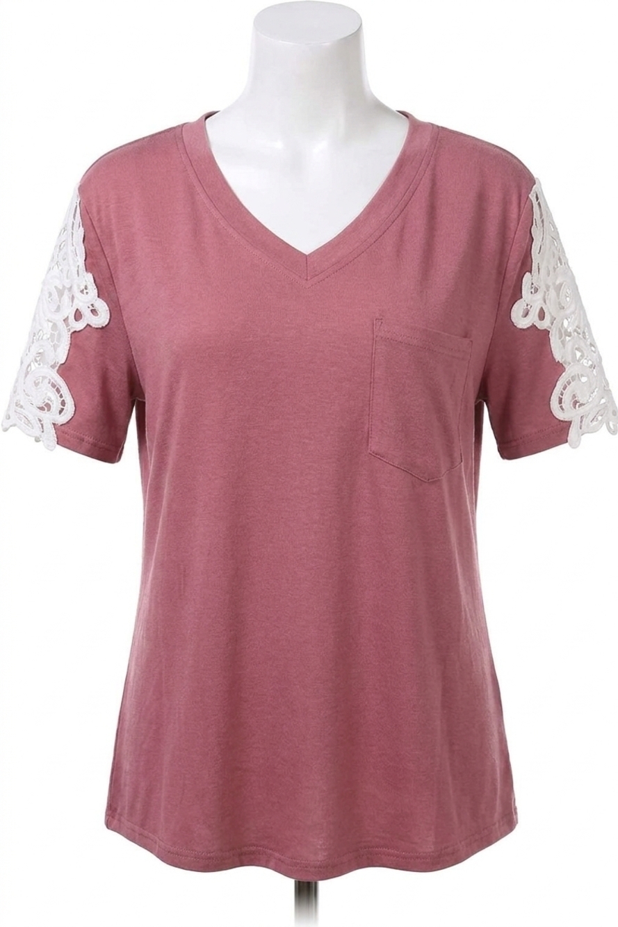 NEW AND THE WHY lace sleeve v neck pocket top in mauve
